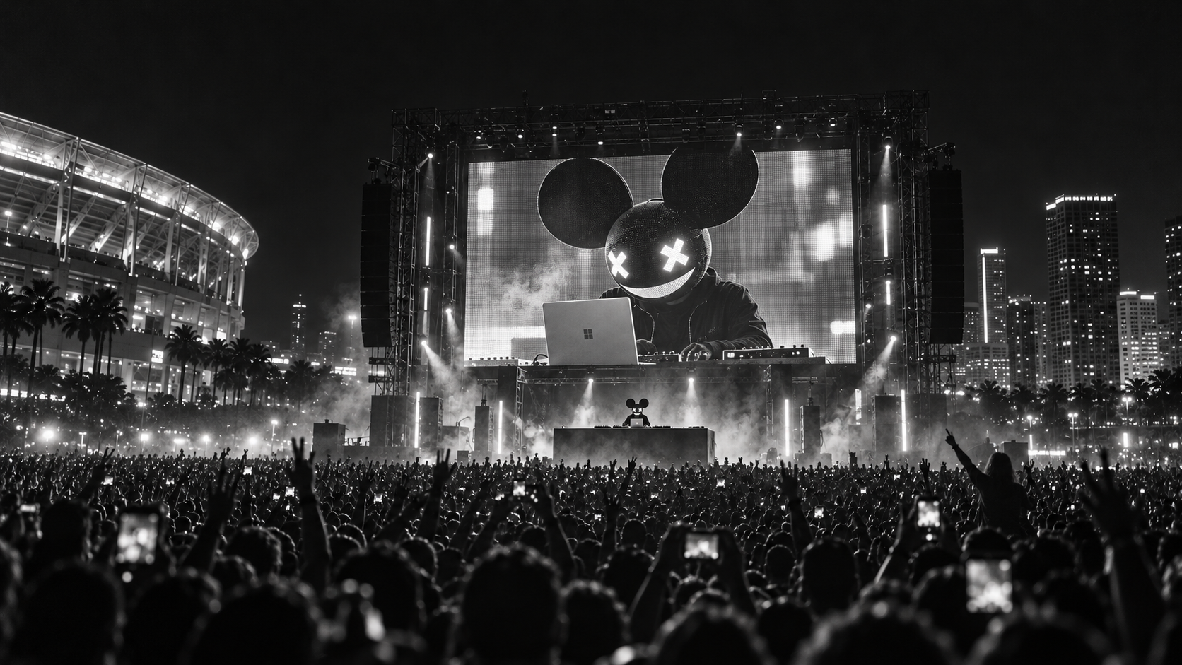 Concept: deadmau5 performs at human scale below a giant LED wall showing a live close-up of his Surface session, with the afterparty crowd and stadium beyond.