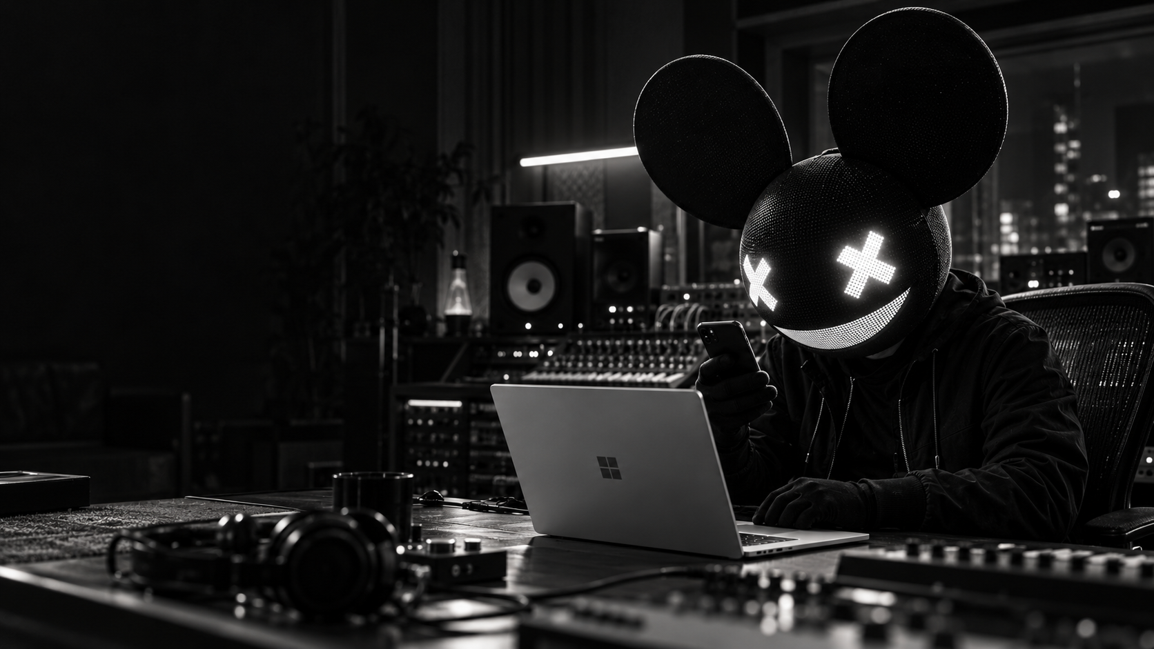 Campaign concept: deadmau5 considers a message in his studio, a Windows laptop open in front of him.