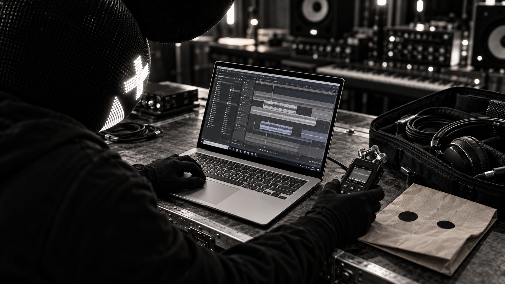 Campaign concept: deadmau5 tests recording equipment and a music session on Windows in his studio.
