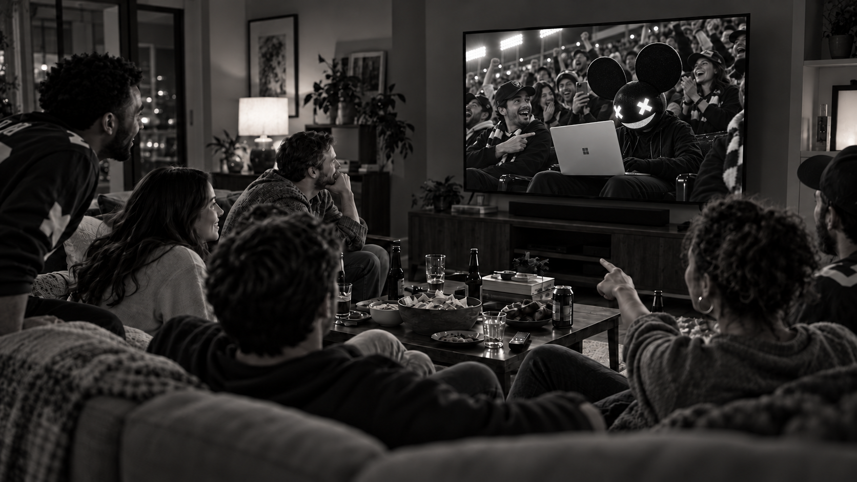 Concept: friends watch the Windows ad during a Super Bowl house party. On television, deadmau5 creates on his Surface laptop as nearby fans recognize him and cheer.