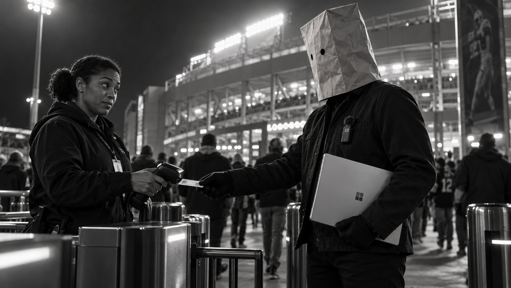 Storyboard concept: deadmau5 arrives at the stadium disguised with a paper bag, carrying his laptop.