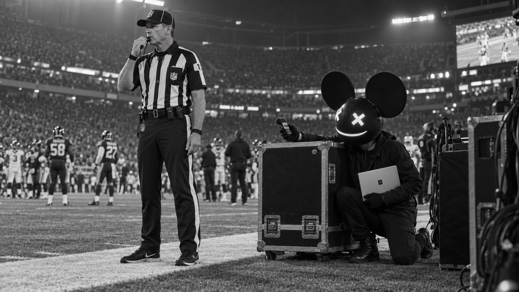 Concept: deadmau5 hides behind equipment with his laptop and records a referee’s whistle.