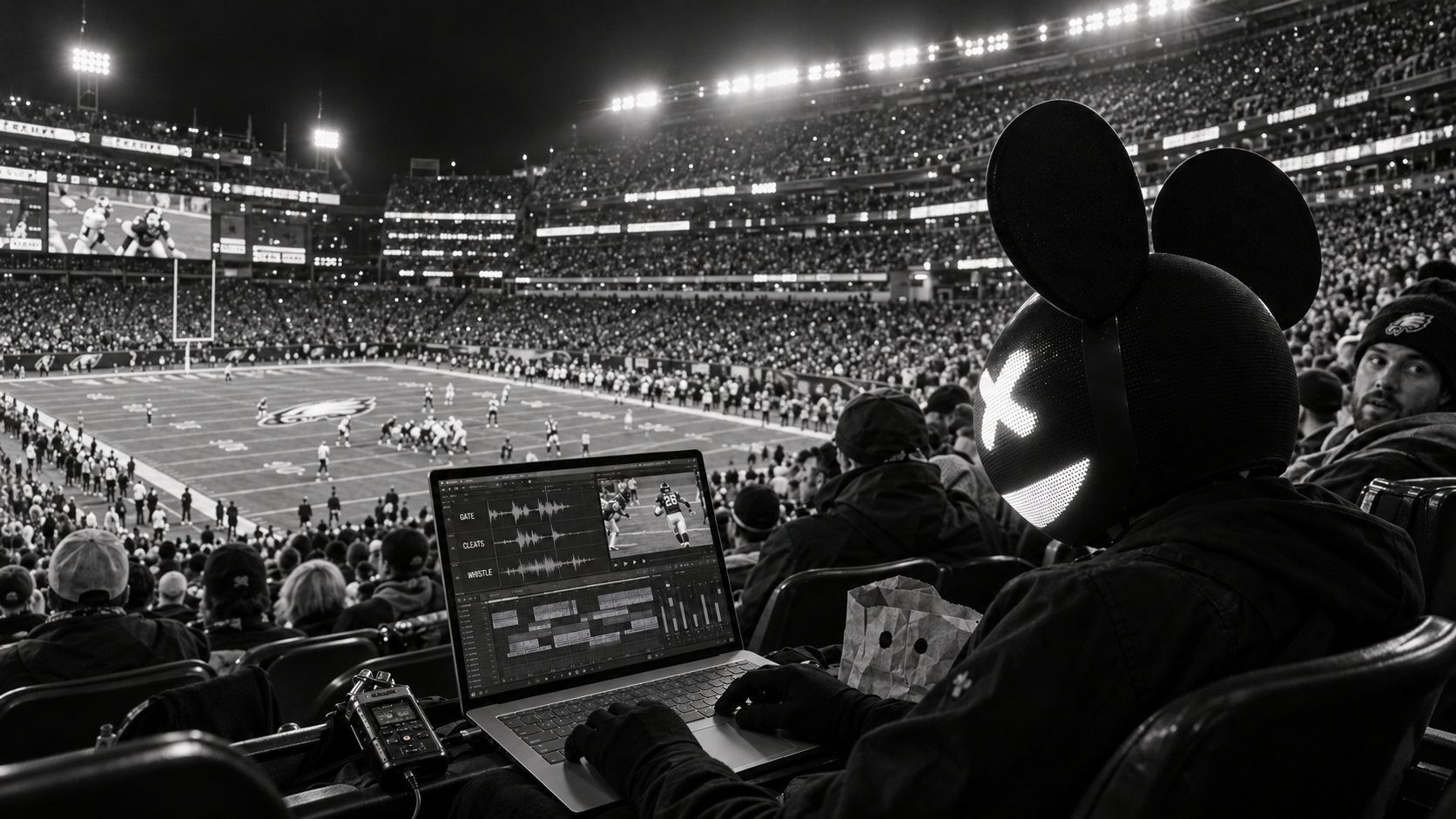 Concept: deadmau5 turns stadium recordings into a music track on his Windows PC in the stands.