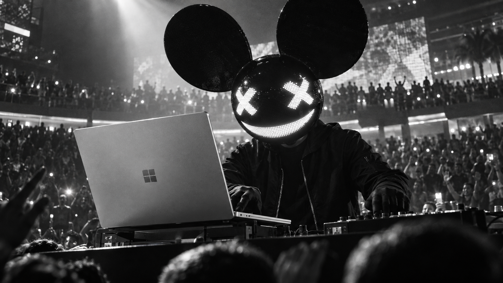 Concept: deadmau5 performs his new track from a Windows PC for a packed afterparty.