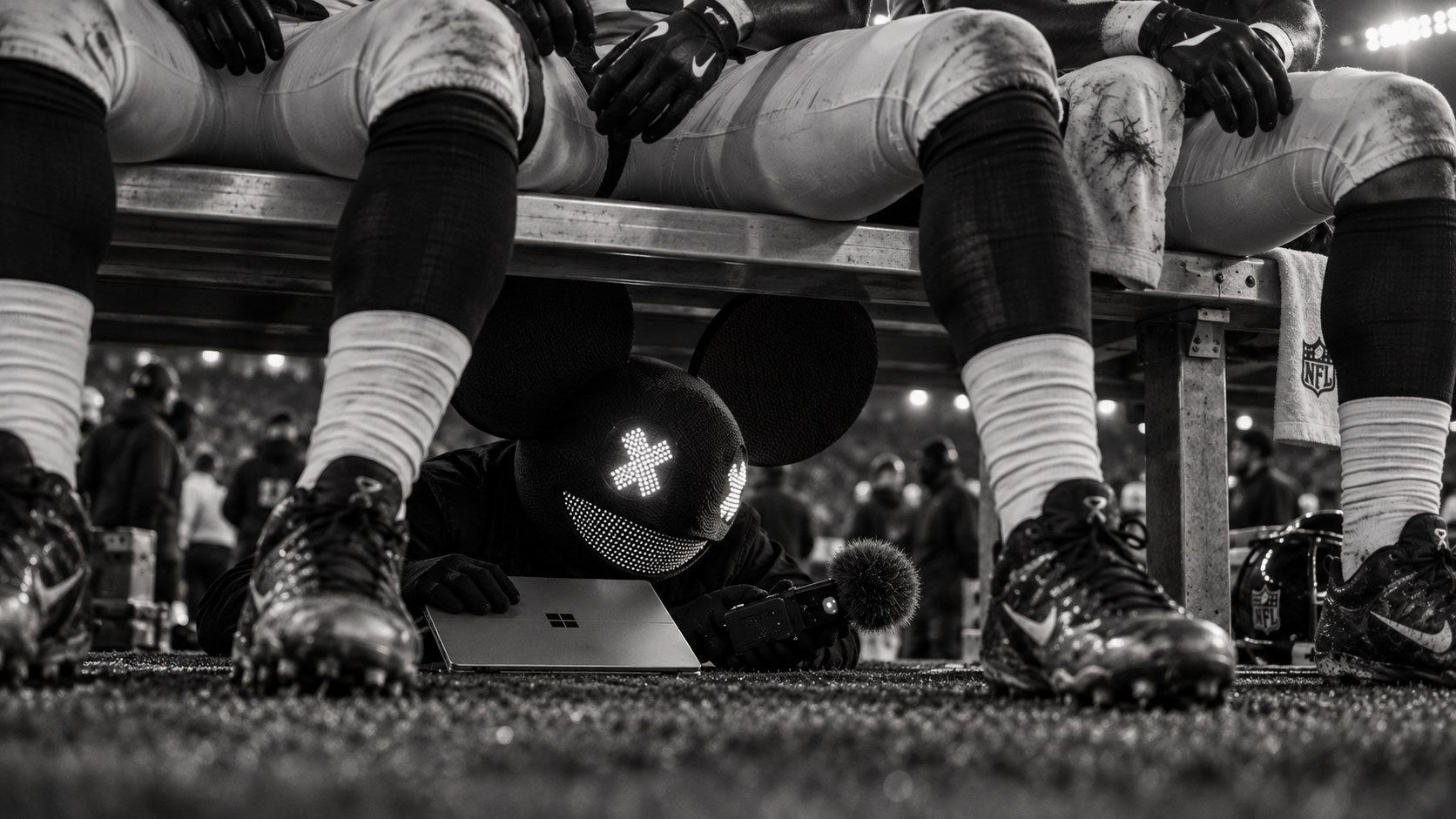 Concept: deadmau5 crouches under a sideline bench with his computer and recorder, beneath the seated players.